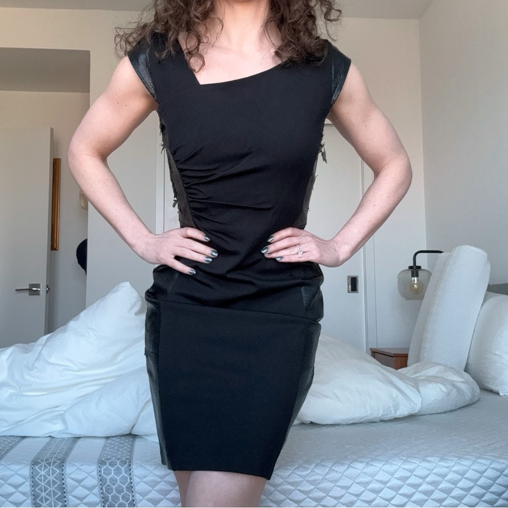 Sfera Black Midi Dress Snakeskin Asymmetrical Neckline Bodycon Party Minimalist